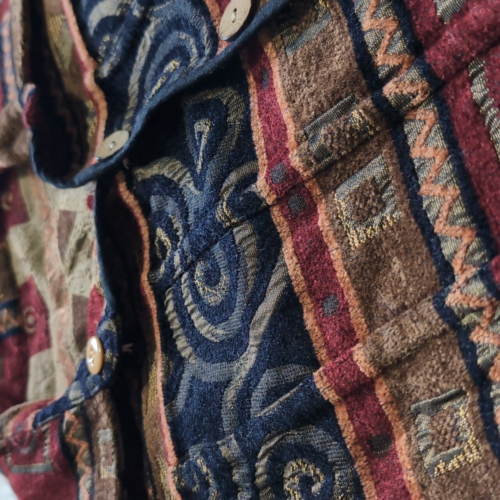 90s Vintage Reversible Red, Black, & Tan Corduroy Tapestry Button Down Jacket - Picture 2 of 12